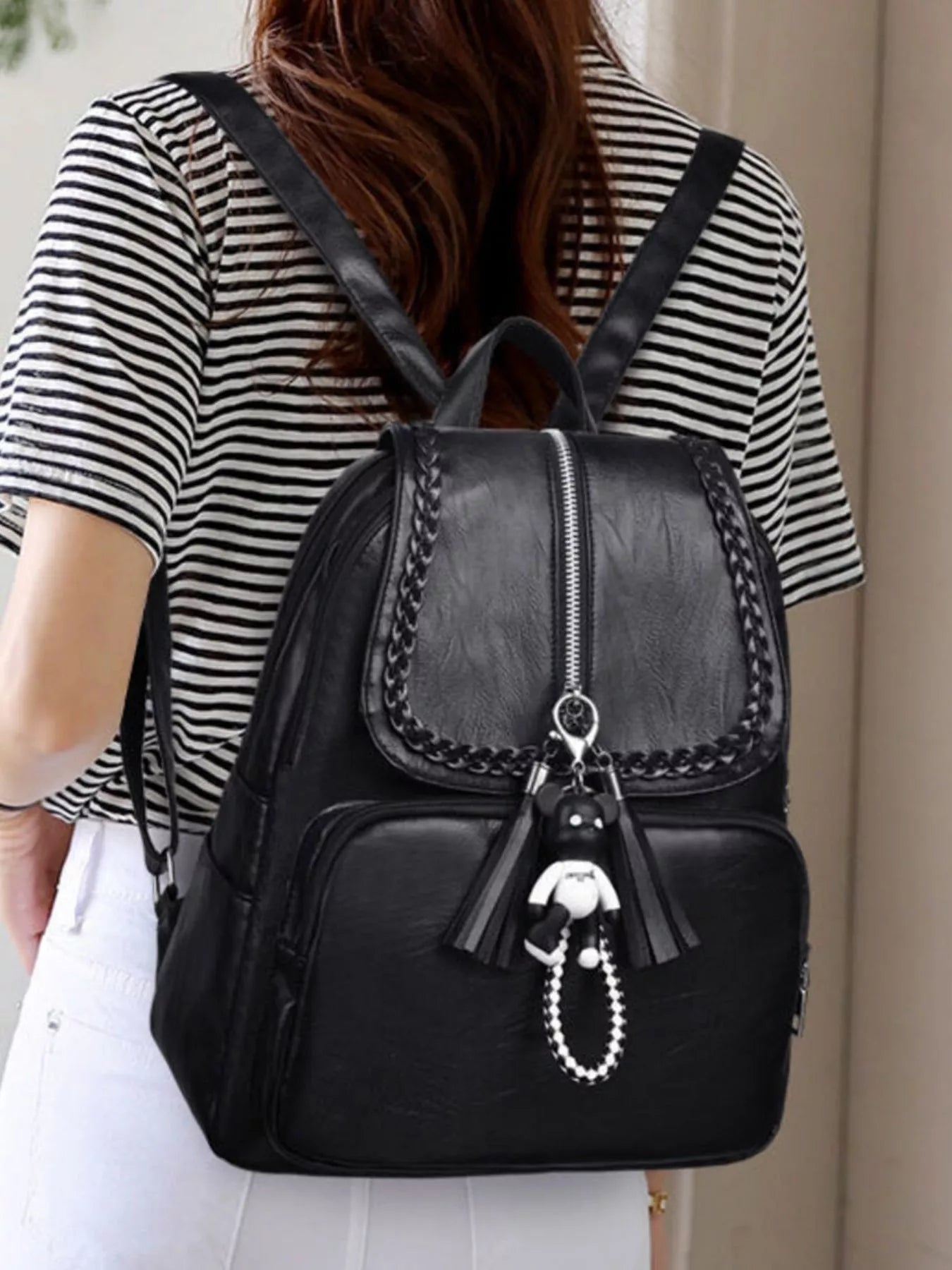 braided leather backpack Braided Trim Leather Backpack Bag – Beardonna Store